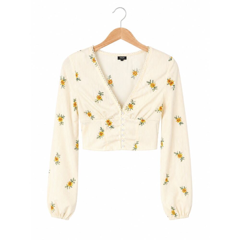 SHEIN Women’s Floral Embroidered Crop Top Size Small Cottagecore Long Sleeve